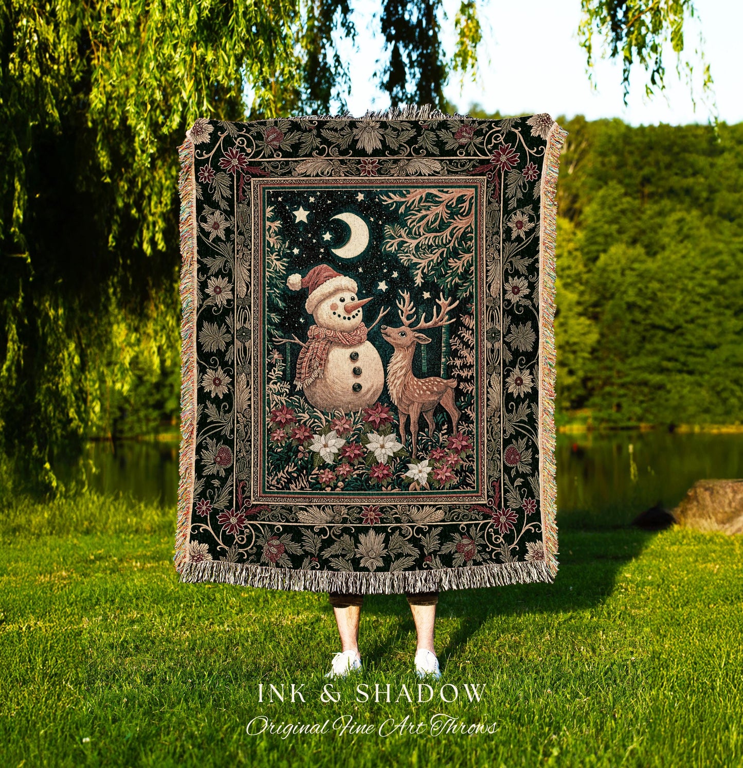 Starlit Snowman Retro Xmas Blanket | Cozy Festive Decor Holiday Tapestry Warm Winter Nostalgic Reindeer Coverlet Nordic Style Reindeer Art |