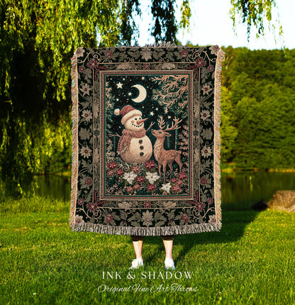 Starlit Snowman Retro Xmas Blanket | Cozy Festive Decor Holiday Tapestry Warm Winter Nostalgic Reindeer Coverlet Nordic Style Reindeer Art |