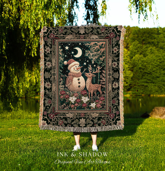 Starlit Snowman Retro Xmas Blanket | Cozy Festive Decor Holiday Tapestry Warm Winter Nostalgic Reindeer Coverlet Nordic Style Reindeer Art |