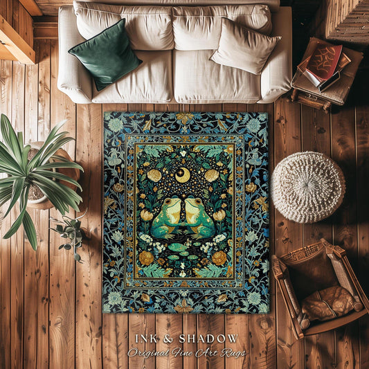 Starlit Cottagecore Frog Area Rug | Woodland Bedroom Accent Dark Woodland Fairycore Room Decor Mystic Theme Rug Goblincore Whimsical Style |