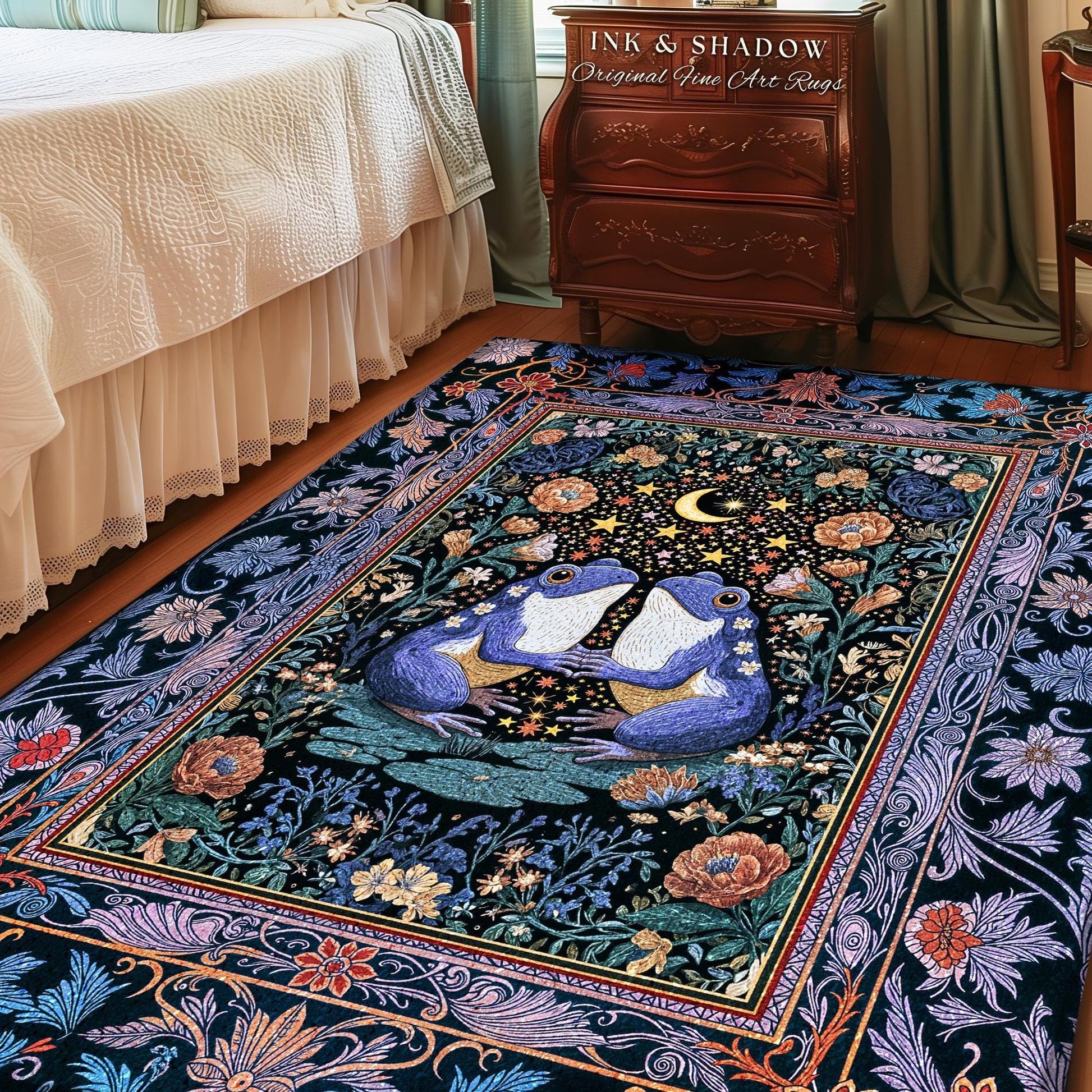 Dark Botanical Whimsy Area Rug | Celestial Garden Frog Lovers Home Accent Rug Enchanted Bedroom Mystic Aesthetic Cottagecore Dreamy Decor |