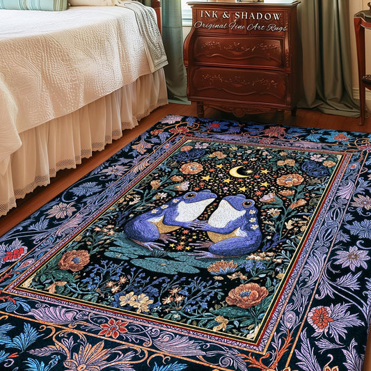 Dark Botanical Whimsy Area Rug | Celestial Garden Frog Lovers Home Accent Rug Enchanted Bedroom Mystic Aesthetic Cottagecore Dreamy Decor |