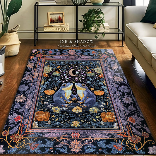 Dark Botanical Twilight Frogs Area Rug | Mystical Folklore Bedroom Whimsigoth Aesthetic Cottagecore Fairycore Creatures Bohemian Celestial |