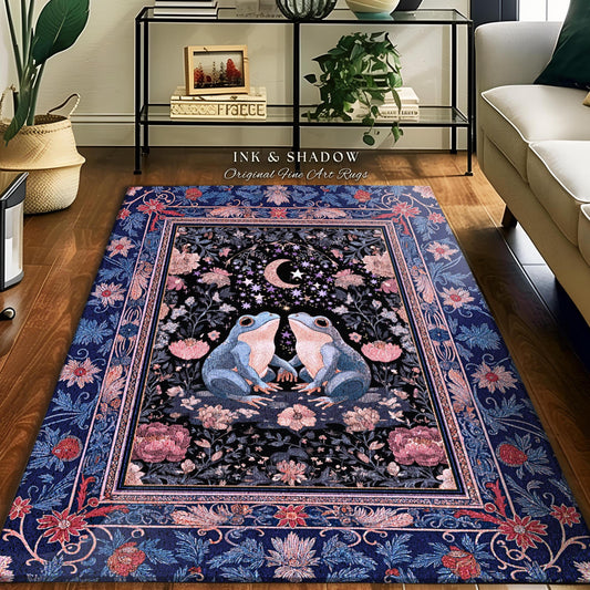 Fairy Aesthetic Frog Couple Accent Rug | Mystic Bedroom Area Fairycore Theme Cottagecore Elegance Enchanted Night Whimsigothic Floral Pastel