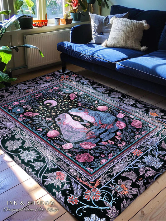 Dreamy Lavender Woodland Area Rug | Boho Fairycore Bedroom Accent Cute Frog Couple Mystic Theme Pastel Purple Decor Whimsigothic Aesthetic