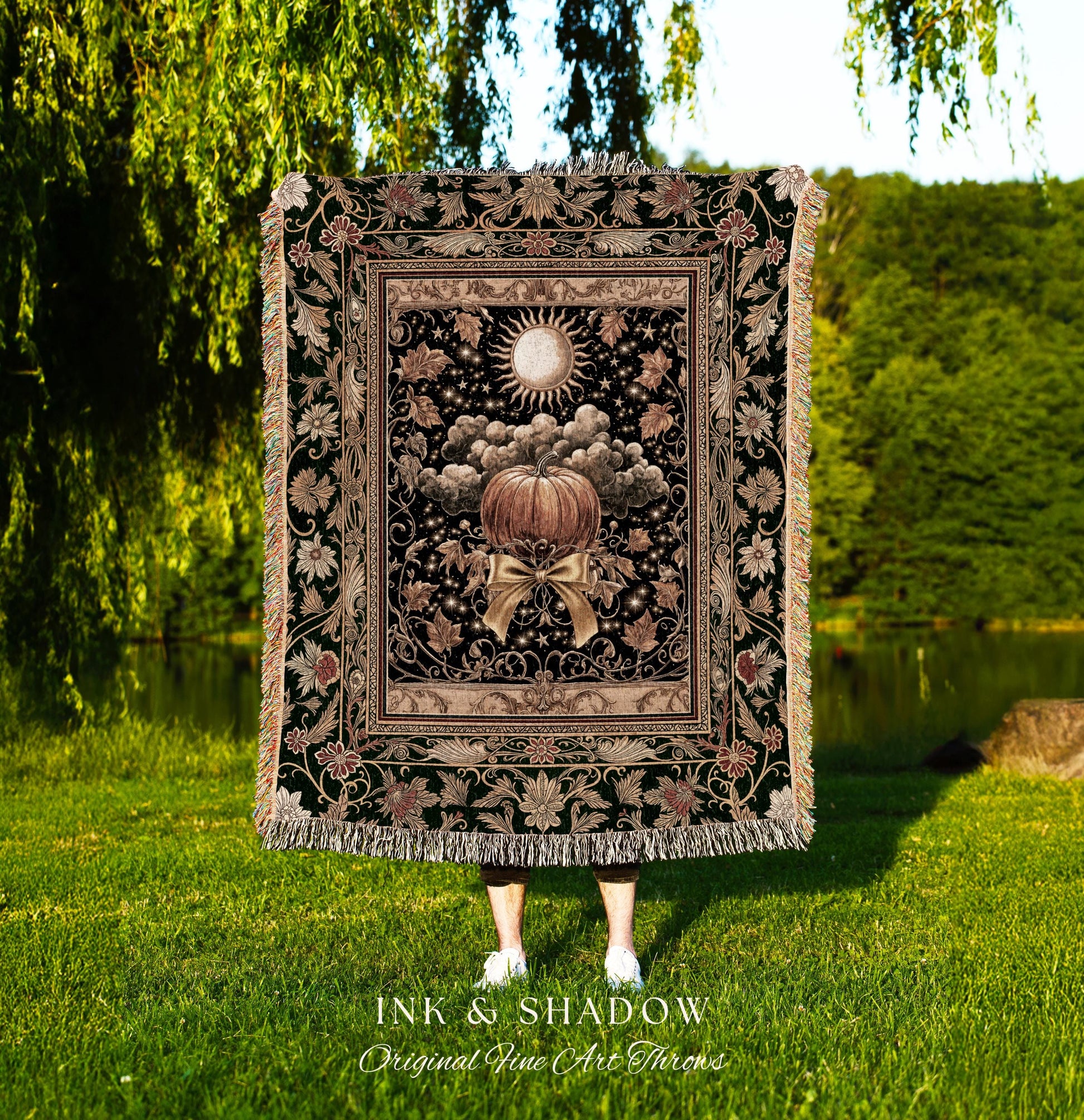 Fall Aesthetic Pumpkin Wall Tapestry | Spooky Cozy Woven Throw Blanket Moody Accent Autumn Decor Amber Night Gothic Folklore Elegant Harvest