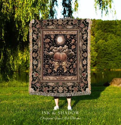 Fall Aesthetic Pumpkin Wall Tapestry | Spooky Cozy Woven Throw Blanket Moody Accent Autumn Decor Amber Night Gothic Folklore Elegant Harvest