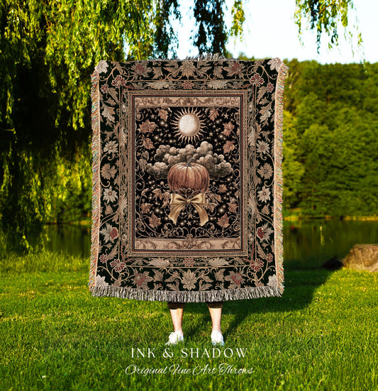 Fall Aesthetic Pumpkin Wall Tapestry | Spooky Cozy Woven Throw Blanket Moody Accent Autumn Decor Amber Night Gothic Folklore Elegant Harvest