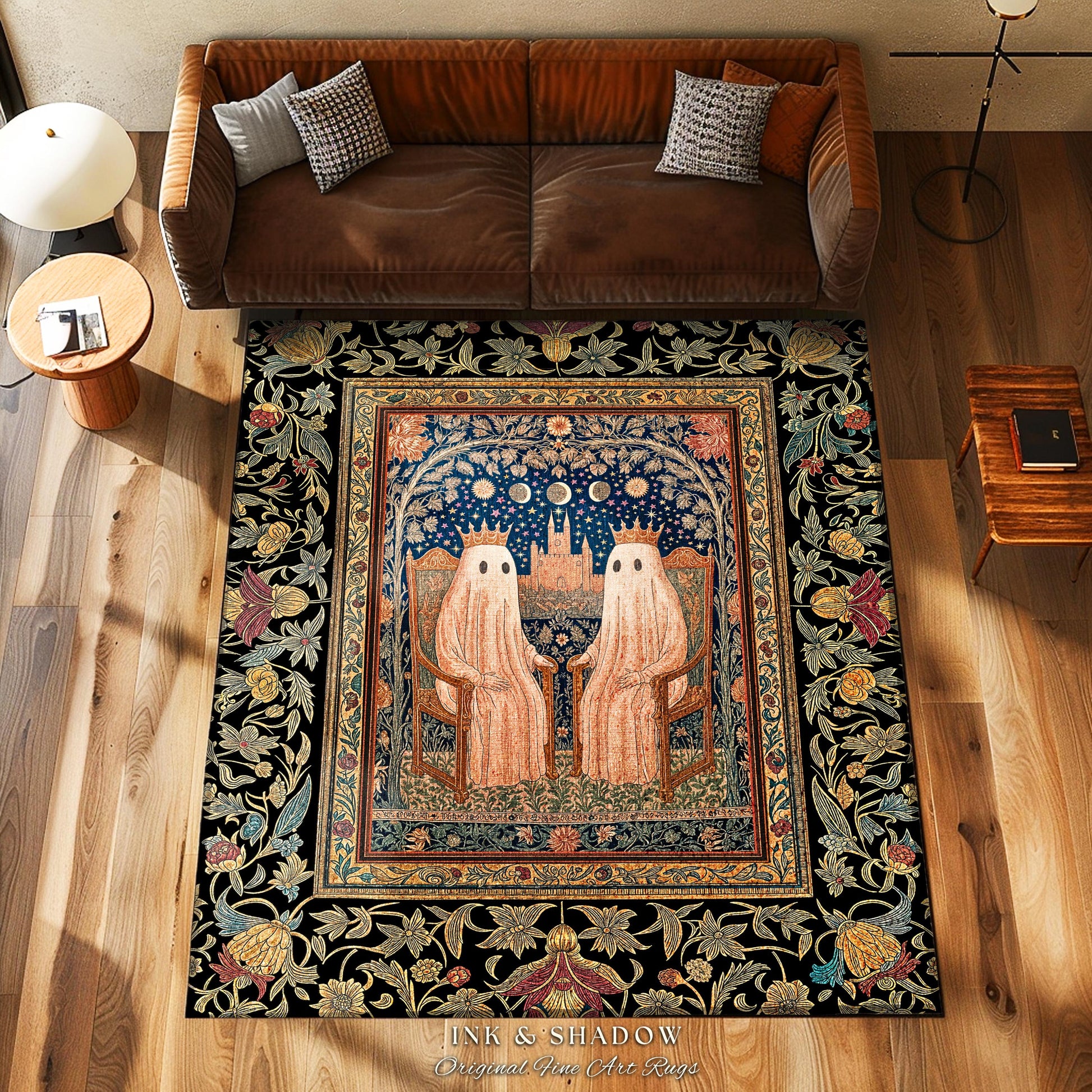 Gothic Celestial Ghost Couple Area Rug | Gothic Decor Dark Academia Style Spooky Cute Haunted Botanical Aesthetic Whimsigoth Witchy Bedroom