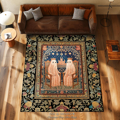 Gothic Celestial Ghost Couple Area Rug | Gothic Decor Dark Academia Style Spooky Cute Haunted Botanical Aesthetic Whimsigoth Witchy Bedroom