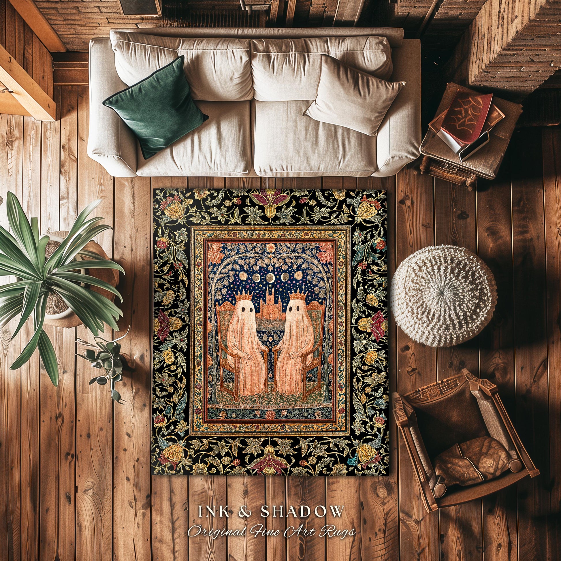 Gothic Celestial Ghost Couple Area Rug | Gothic Decor Dark Academia Style Spooky Cute Haunted Botanical Aesthetic Whimsigoth Witchy Bedroom