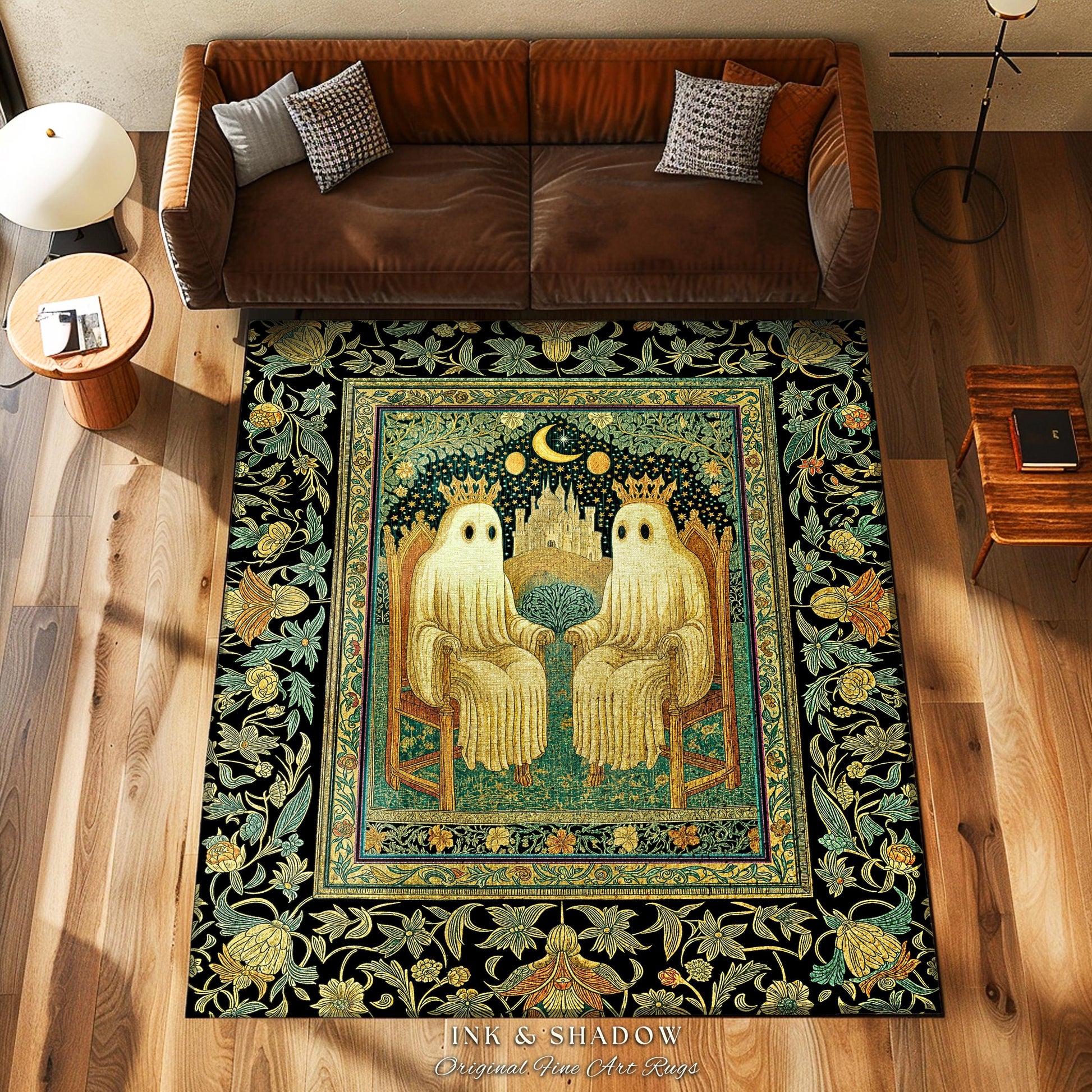 Haunted Royal Spirits Area Rug | Cozy Gothic Ghost Accent Dark Academia Theme Whimsigothic Celestial Sage Green Halloween Decor Spooky Motif