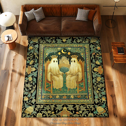 Haunted Royal Spirits Area Rug | Cozy Gothic Ghost Accent Dark Academia Theme Whimsigothic Celestial Sage Green Halloween Decor Spooky Motif