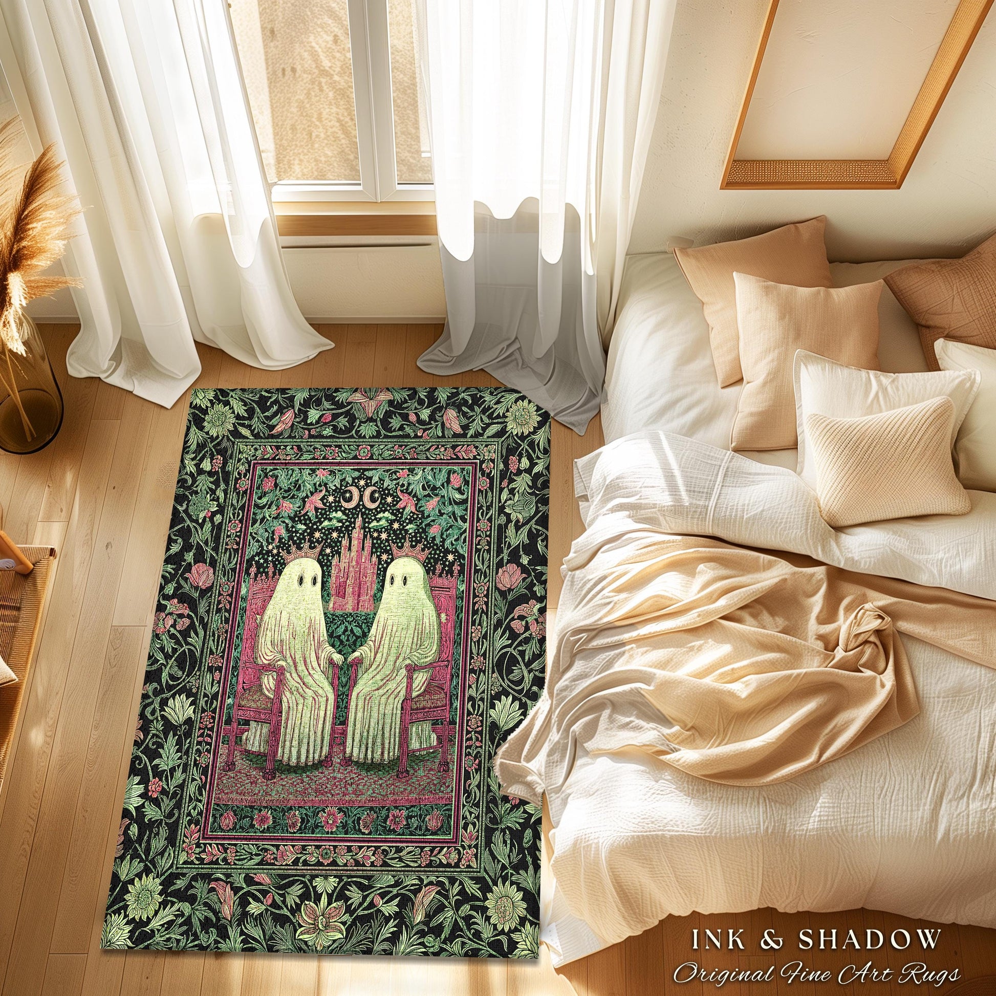 King and Queen Ghost Couple Area Rug | Cozy Gothic Bedroom Accent Halloween Decor Botanical Theme Dark Academia Spooky Whimsigothic Style |