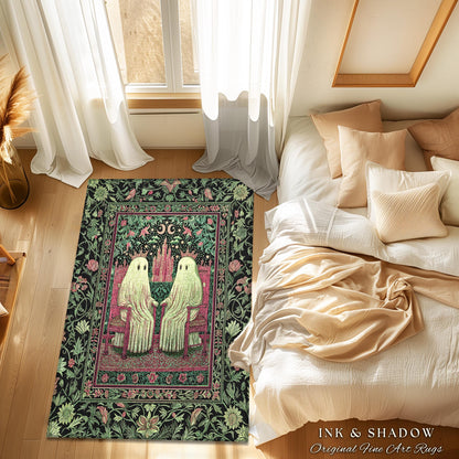 King and Queen Ghost Couple Area Rug | Cozy Gothic Bedroom Accent Halloween Decor Botanical Theme Dark Academia Spooky Whimsigothic Style |