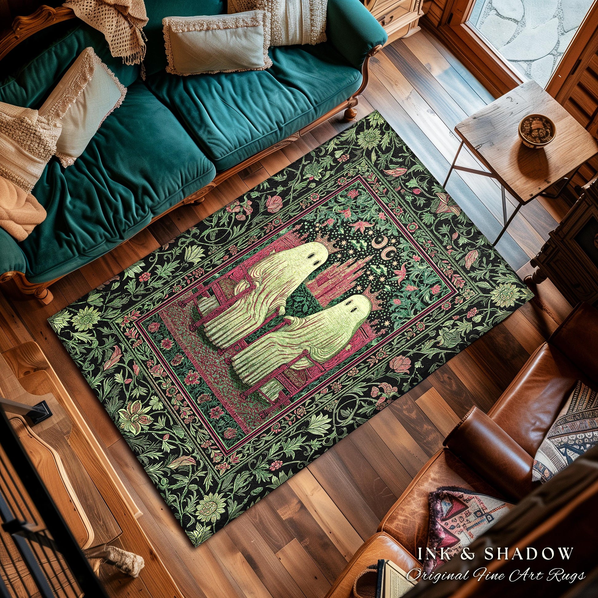 King and Queen Ghost Couple Area Rug | Cozy Gothic Bedroom Accent Halloween Decor Botanical Theme Dark Academia Spooky Whimsigothic Style |