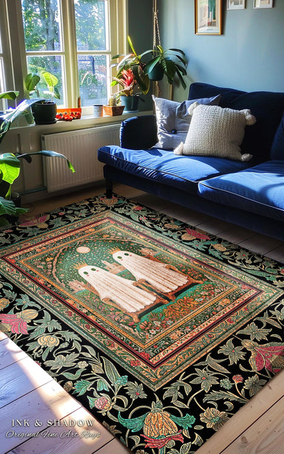 Ghostly Boho Couple Area Rug | Cozy Gothic Decor Haunted Forest Aesthetic Halloween Accent Witchy Style Dark Academia Bedroom Whimsigothic |
