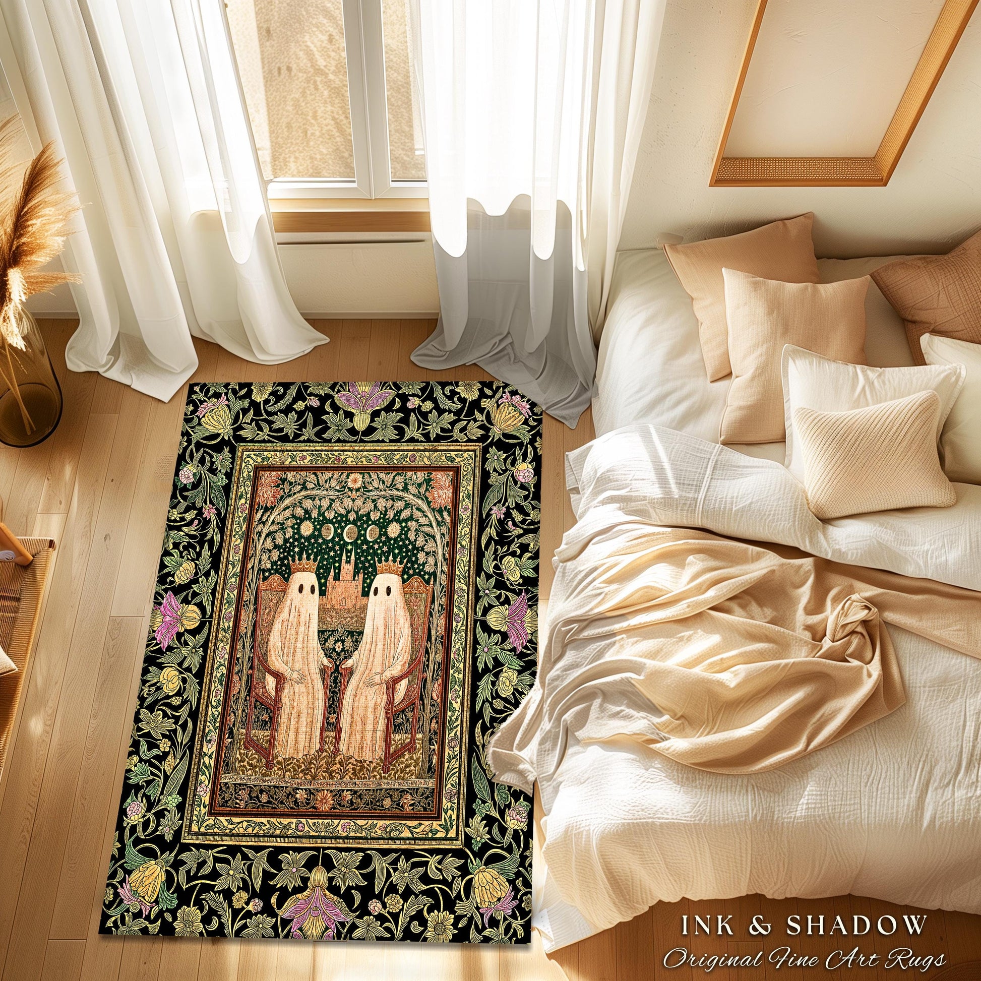 Royal Moonlit Ghost Lovers Rug | Cozy Gothic Bedroom Whimsigoth Style Dark Academia Aesthetic Haunted Halloween Cozy Accent Eclectic Decor