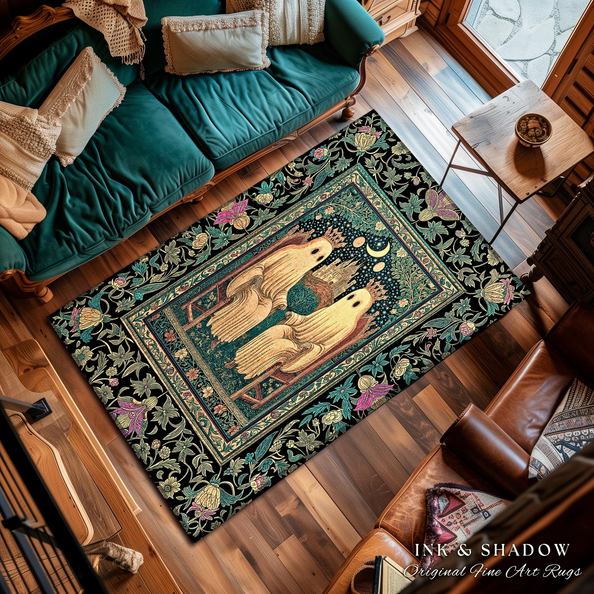 Victorian Gothic Lovers Area Rug | Eclectic Bedroom Dark Academia Style Decor Haunted Forest Theme Halloween Accent Whimsigothic Botanical