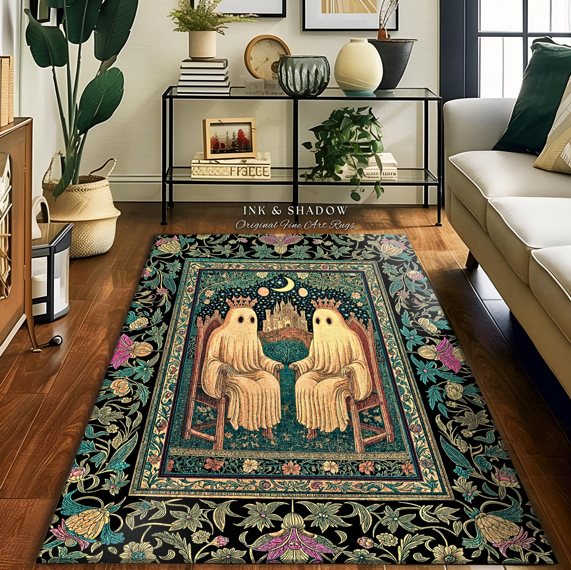 Victorian Gothic Lovers Area Rug | Eclectic Bedroom Dark Academia Style Decor Haunted Forest Theme Halloween Accent Whimsigothic Botanical