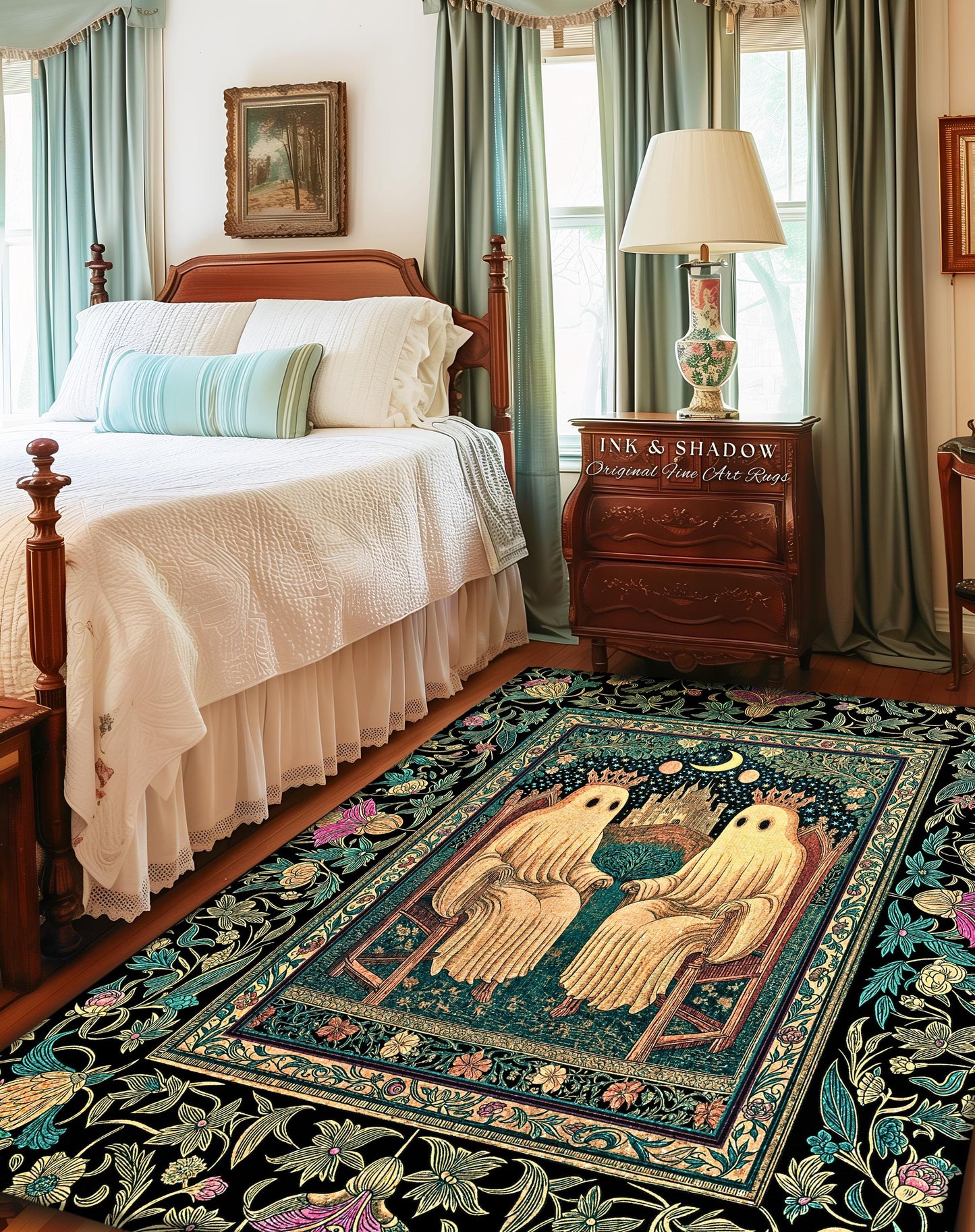 Victorian Gothic Lovers Area Rug | Eclectic Bedroom Dark Academia Style Decor Haunted Forest Theme Halloween Accent Whimsigothic Botanical