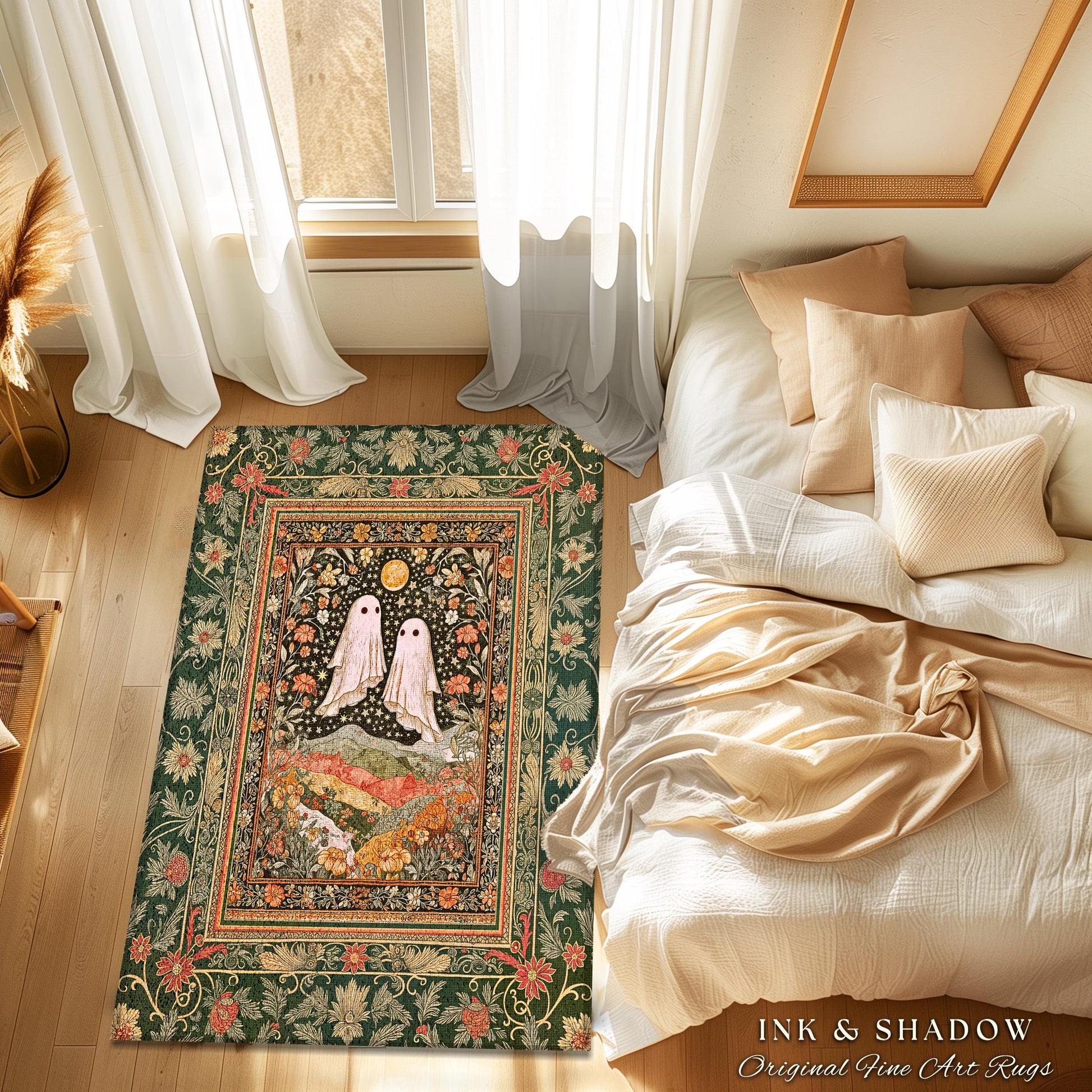 Autumn Pastels Whimsical Ghost Rug | Soft Romantic Halloween Cute Botanical Room Celestial Spirits Cottage Rug Cozy Bedroom Fall Decor Style