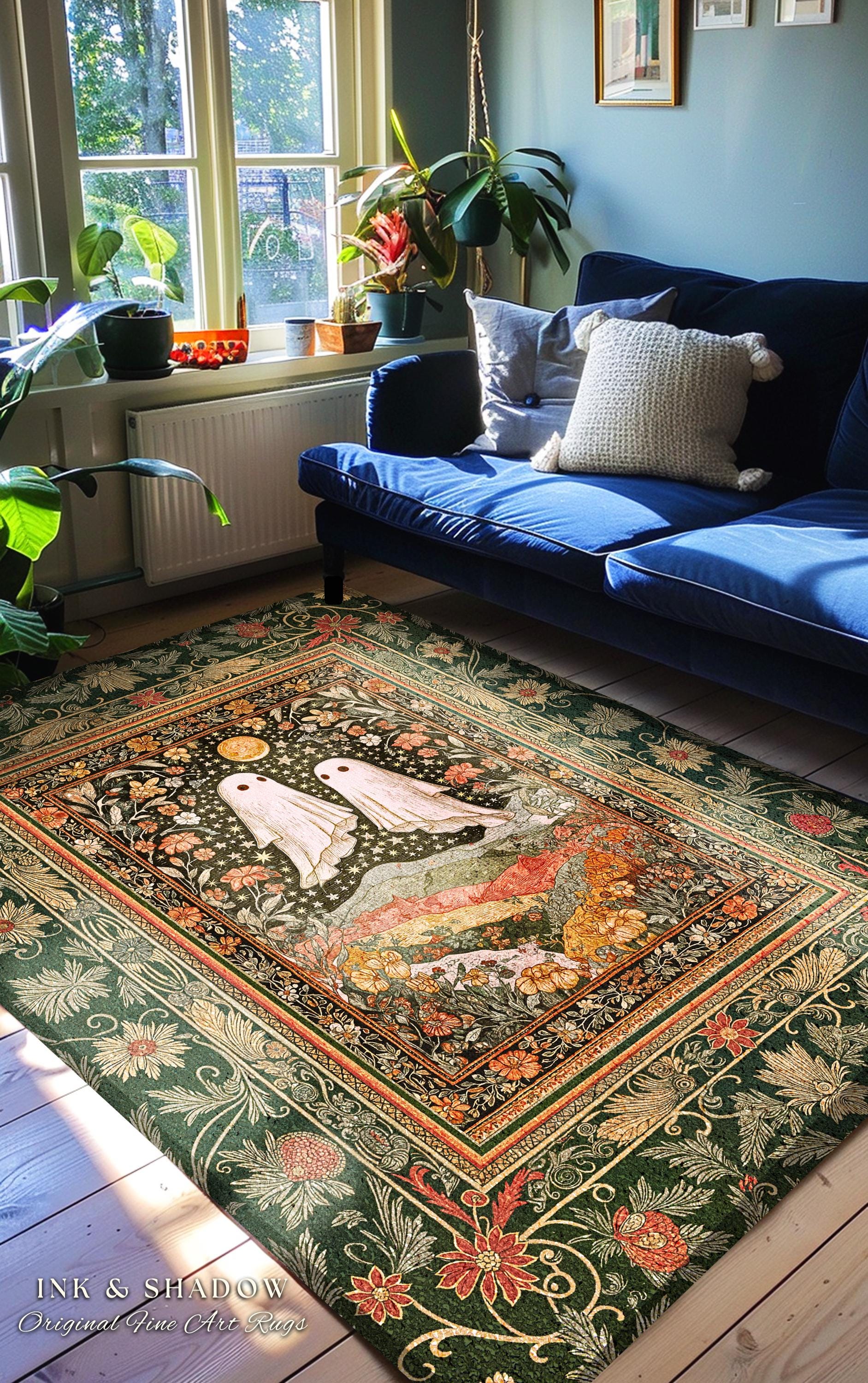 Autumn Pastels Whimsical Ghost Rug | Soft Romantic Halloween Cute Botanical Room Celestial Spirits Cottage Rug Cozy Bedroom Fall Decor Style