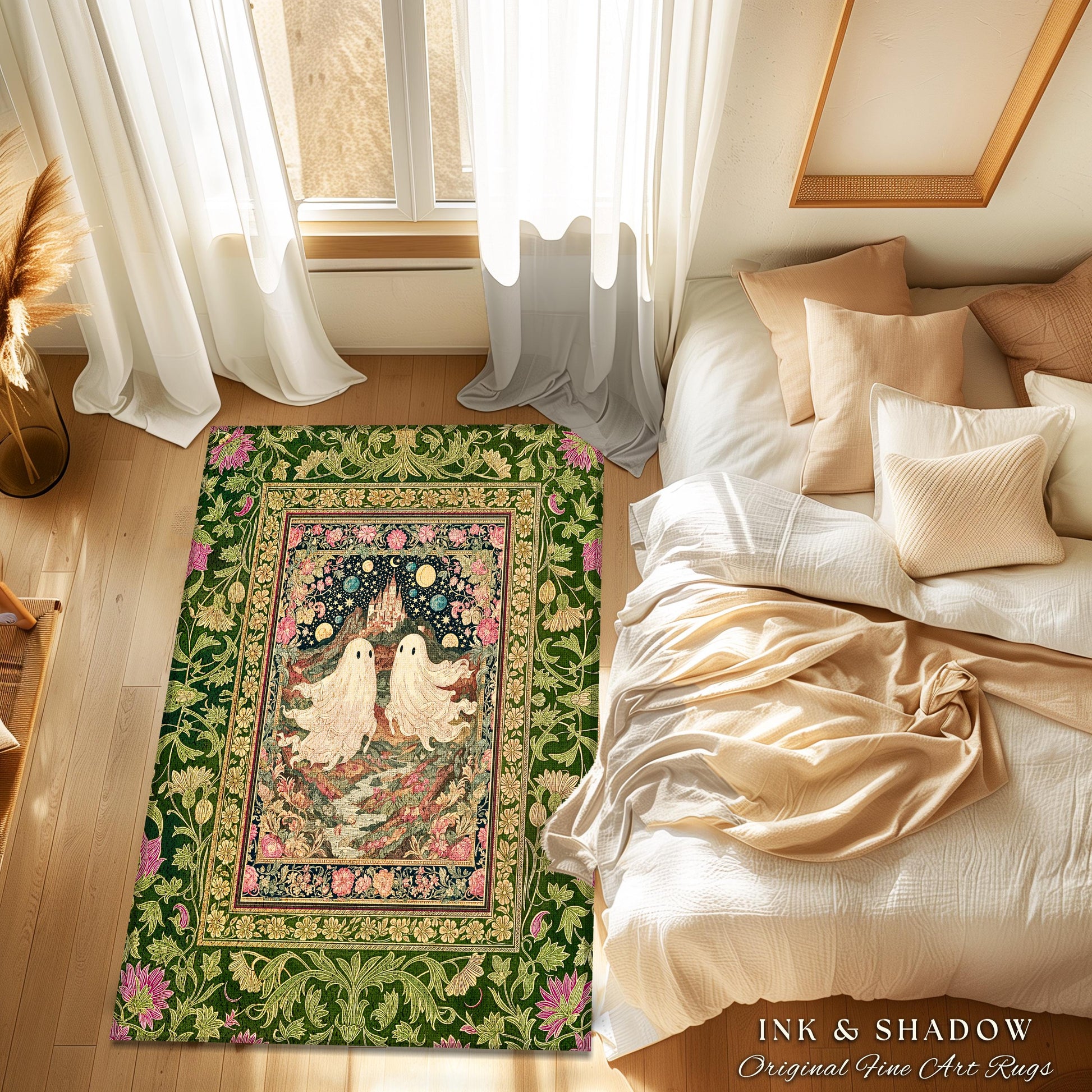Cosmic Valley Ghost Couple Area Rug | Cute Halloween Aesthetic Forestcore Accent Cozy Fall Decor Folklore-Inspired Witchy Whimsigoth Style |