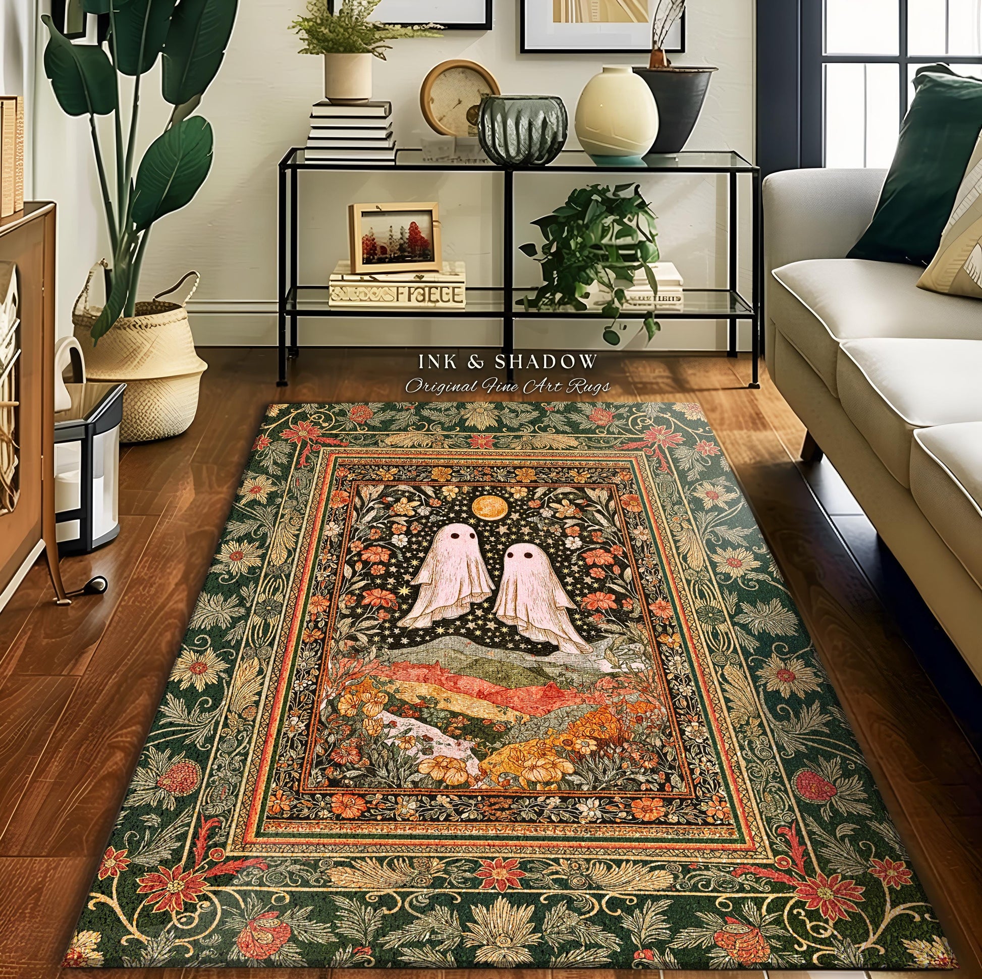 Autumn Pastels Whimsical Ghost Rug | Soft Romantic Halloween Cute Botanical Room Celestial Spirits Cottage Rug Cozy Bedroom Fall Decor Style