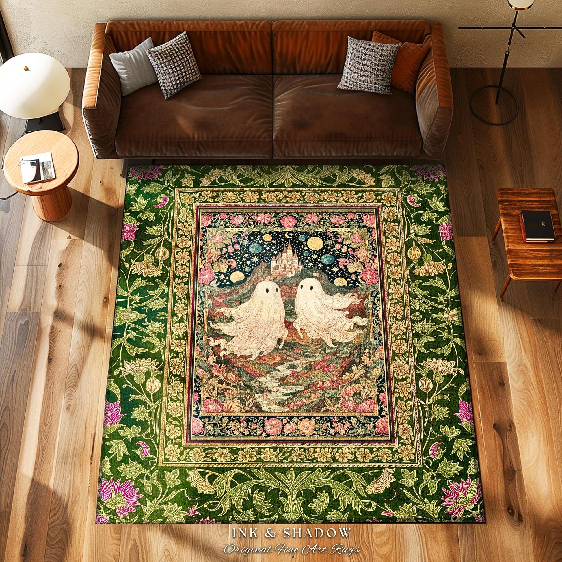Cosmic Valley Ghost Couple Area Rug | Cute Halloween Aesthetic Forestcore Accent Cozy Fall Decor Folklore-Inspired Witchy Whimsigoth Style |