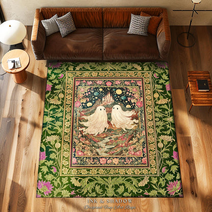 Cosmic Valley Ghost Couple Area Rug | Cute Halloween Aesthetic Forestcore Accent Cozy Fall Decor Folklore-Inspired Witchy Whimsigoth Style |
