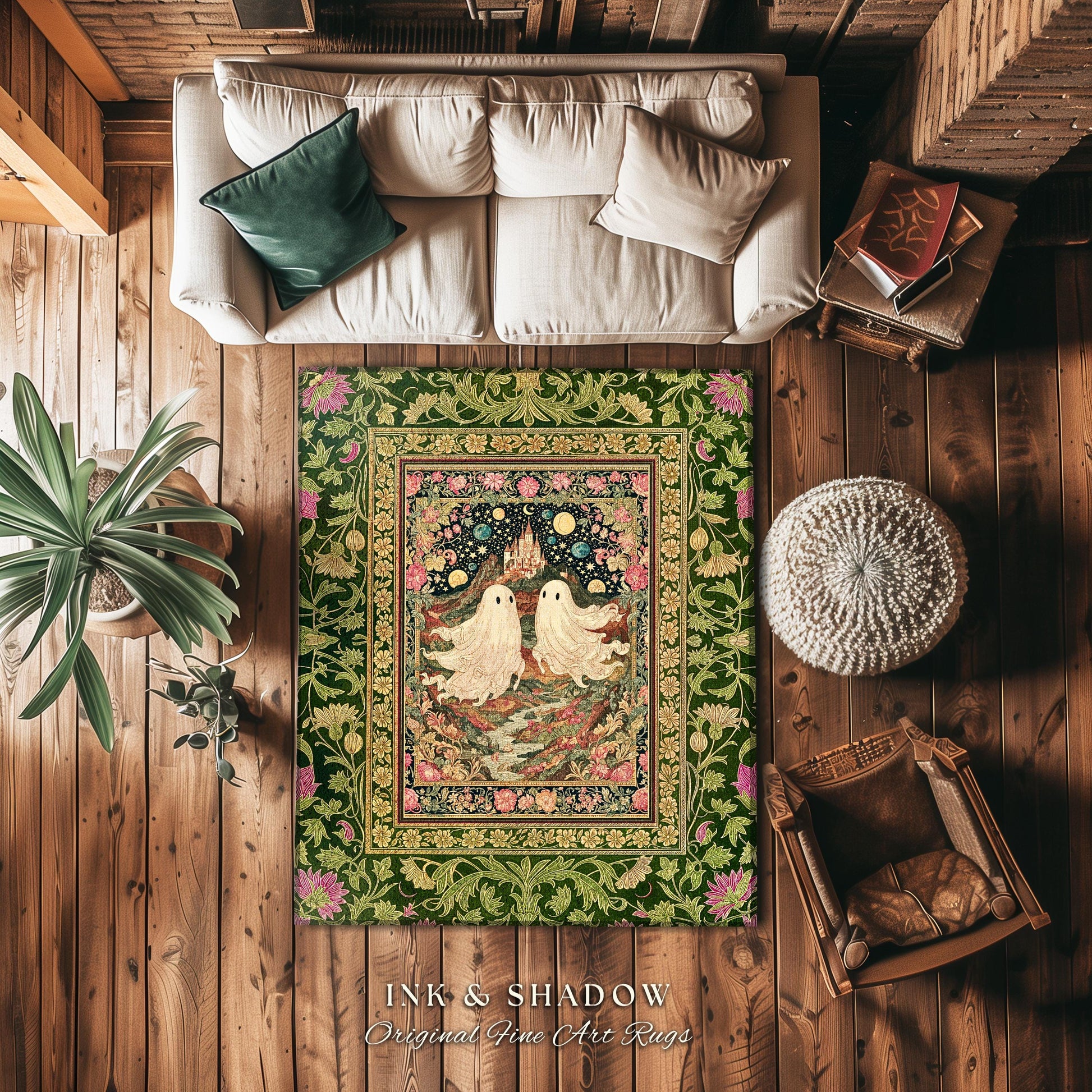 Cosmic Valley Ghost Couple Area Rug | Cute Halloween Aesthetic Forestcore Accent Cozy Fall Decor Folklore-Inspired Witchy Whimsigoth Style |