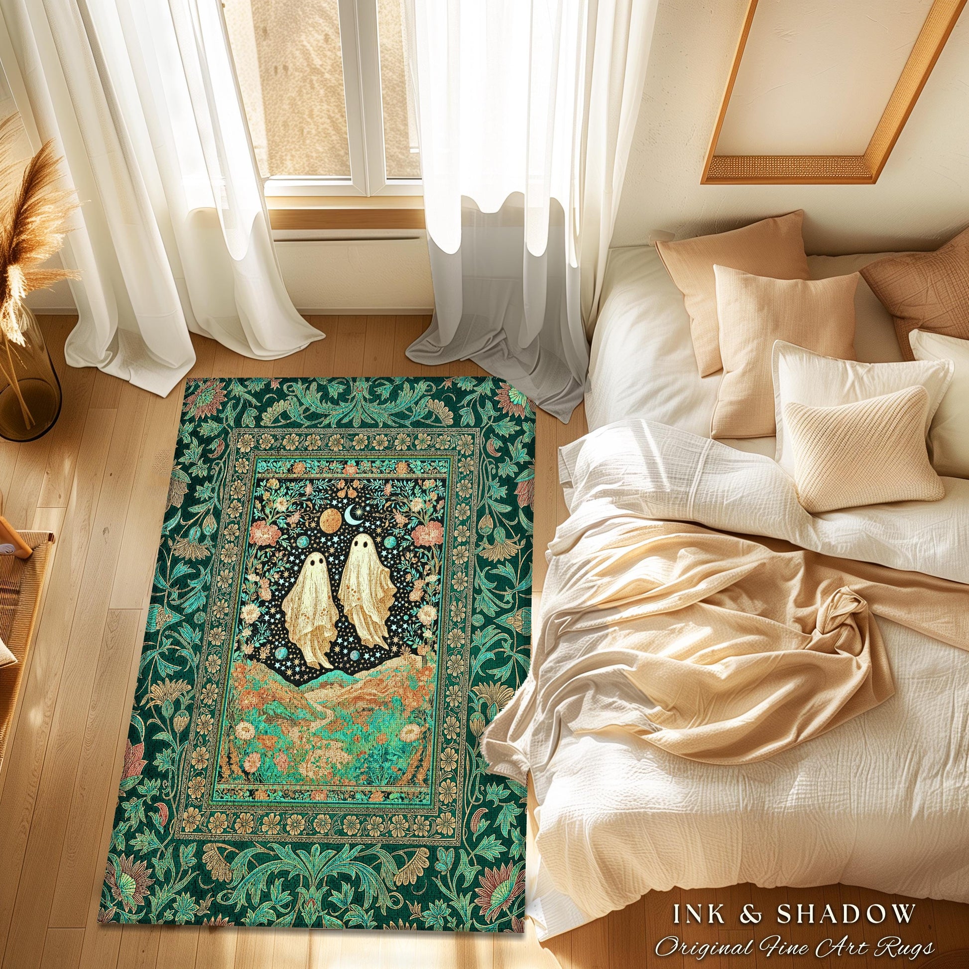 Cozy Moonlit Ghost Couple Area Rug | Whimsical Fall Rug Celestial Ghost Lovers Halloween Aesthetic Dark Cottagecore Magical Ethereal Decor |