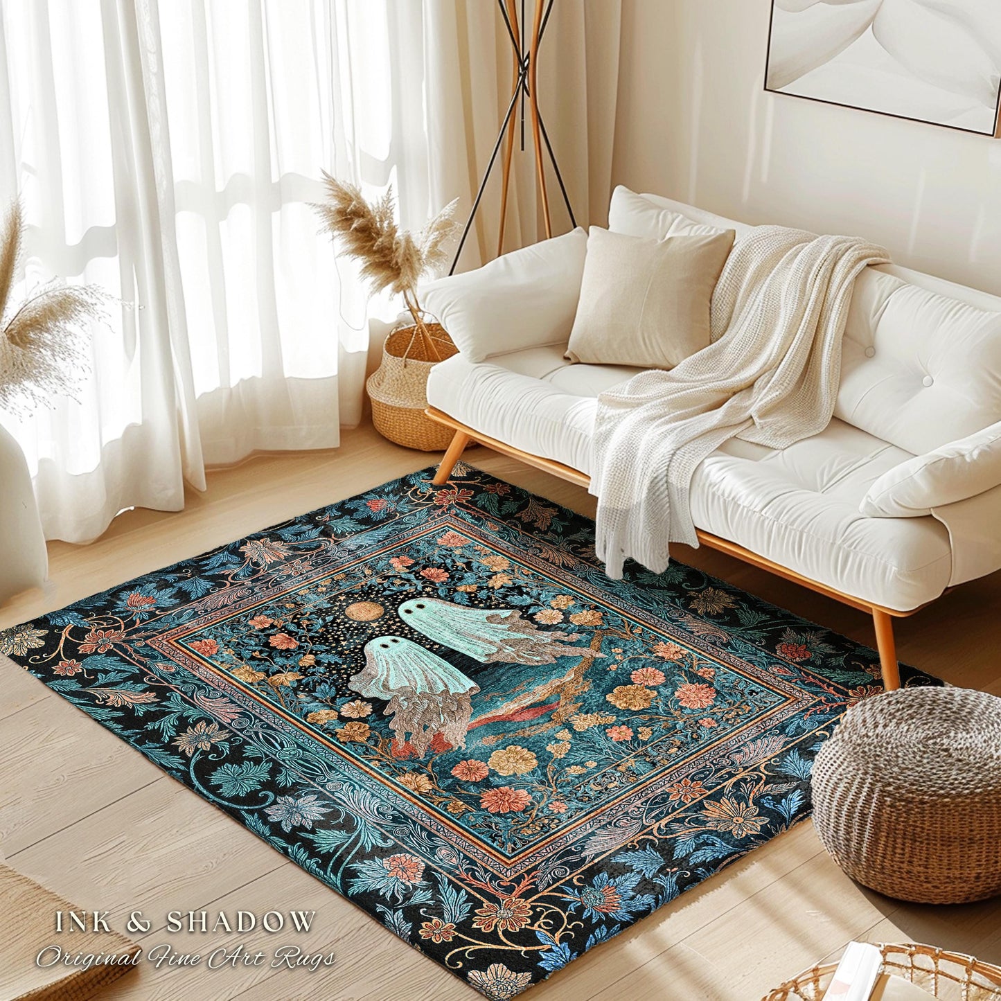 Witchy Whimsical Ghost Couple Area Rug | Gothic Accent Whimsigoth Style Celestial Halloween Home Decor Cottagecore Vibe Fairytale Aesthetic