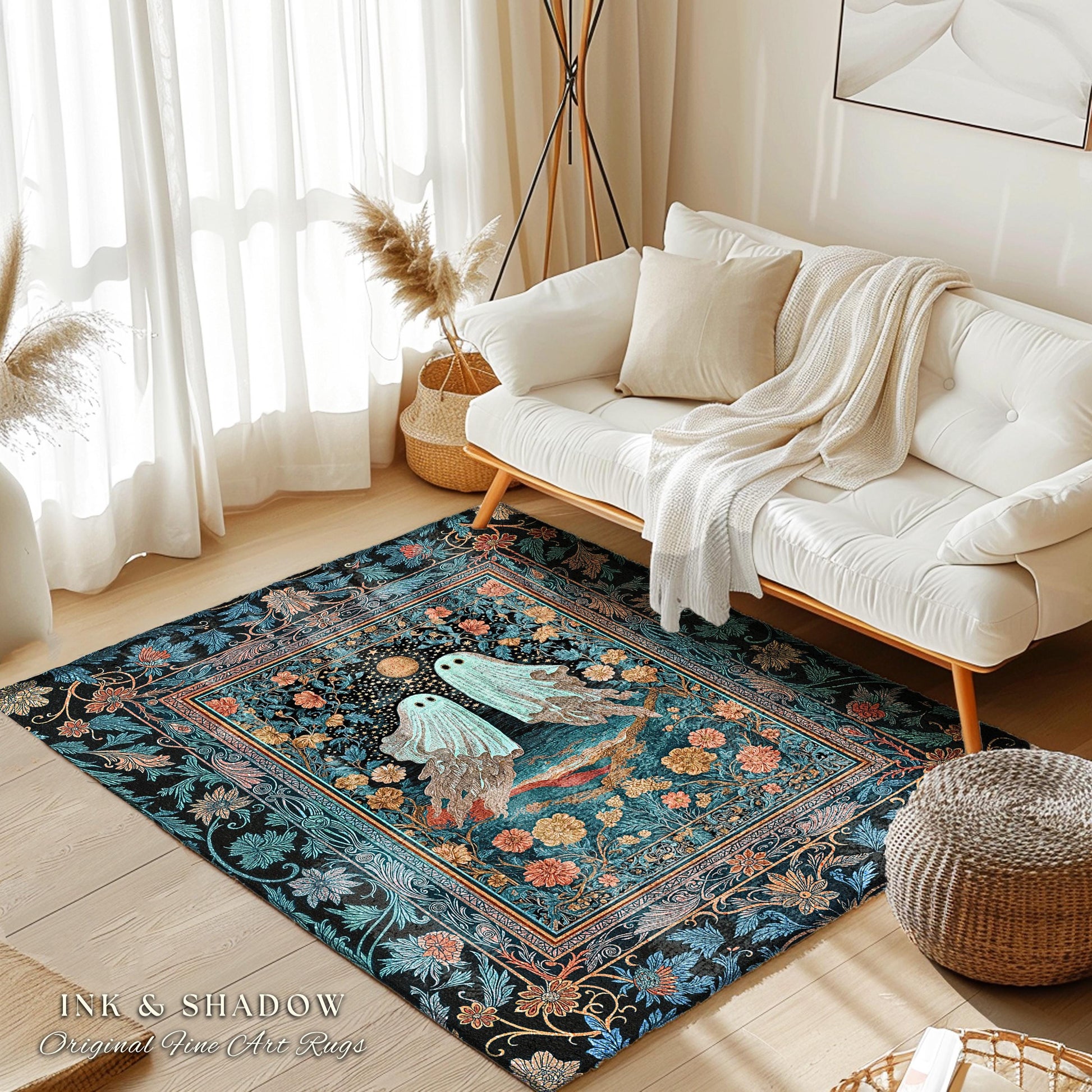 Witchy Whimsical Ghost Couple Area Rug | Gothic Accent Whimsigoth Style Celestial Halloween Home Decor Cottagecore Vibe Fairytale Aesthetic