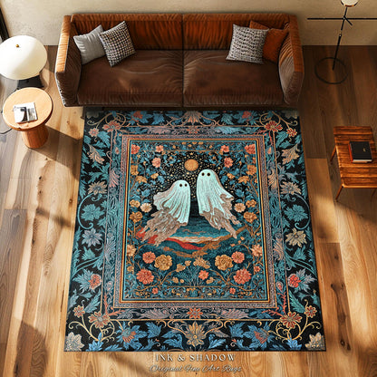Witchy Whimsical Ghost Couple Area Rug | Gothic Accent Whimsigoth Style Celestial Halloween Home Decor Cottagecore Vibe Fairytale Aesthetic