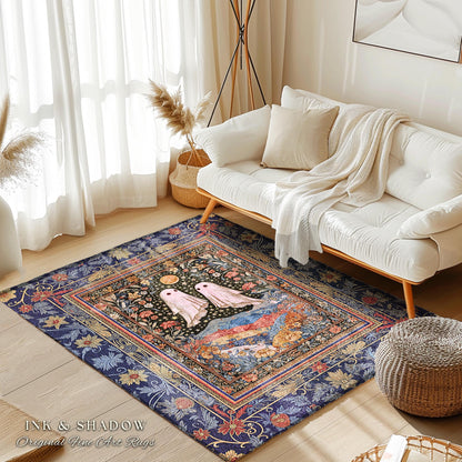Ornate Cottagegoth Ghosts Accent Rug | Whimsigothic Botanical Romance Halloween Decor Gothic Bedroom Folklore Fairytale Floral Forest Style