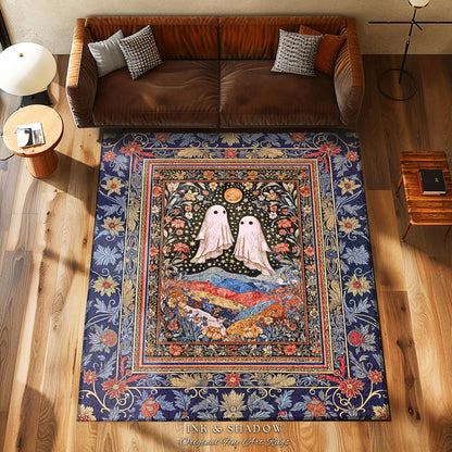 Ornate Cottagegoth Ghosts Accent Rug | Whimsigothic Botanical Romance Halloween Decor Gothic Bedroom Folklore Fairytale Floral Forest Style