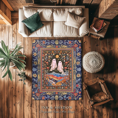 Ornate Cottagegoth Ghosts Accent Rug | Whimsigothic Botanical Romance Halloween Decor Gothic Bedroom Folklore Fairytale Floral Forest Style