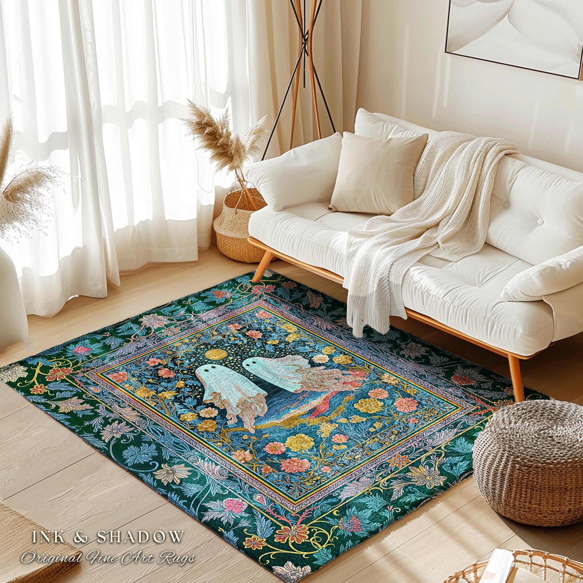 Pastel Florals Whimsical Ghost Rug | Light Academia Bedroom Accent Witchy Decor Whimsigoth Halloween Cute Gothic Cottagecore Aesthetic Room