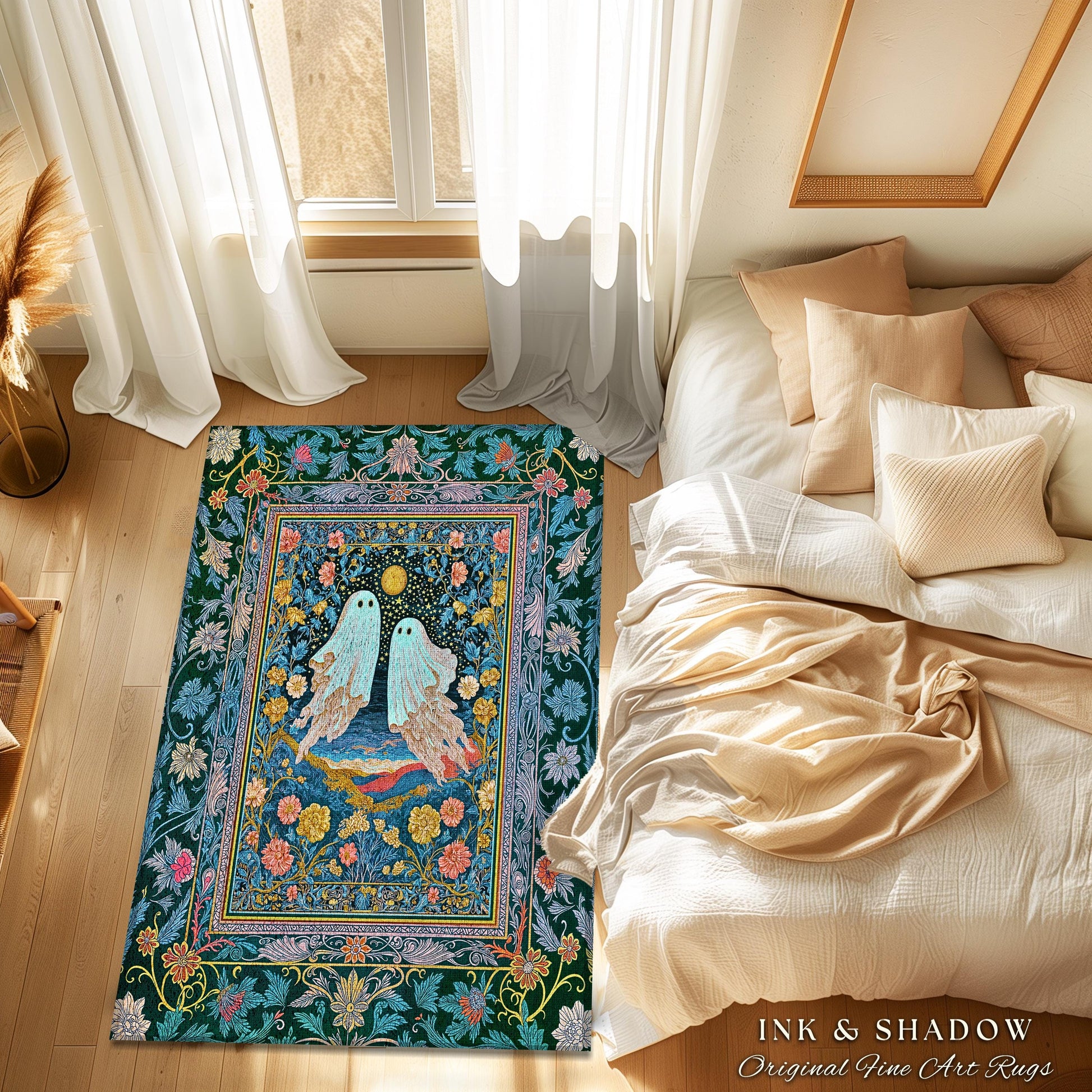 Pastel Florals Whimsical Ghost Rug | Light Academia Bedroom Accent Witchy Decor Whimsigoth Halloween Cute Gothic Cottagecore Aesthetic Room
