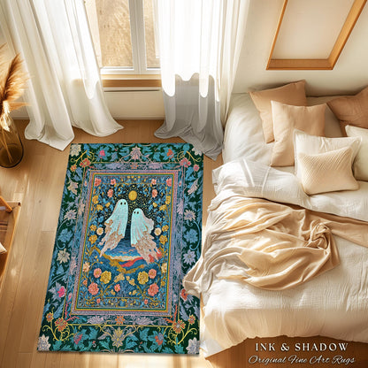 Pastel Florals Whimsical Ghost Rug | Light Academia Bedroom Accent Witchy Decor Whimsigoth Halloween Cute Gothic Cottagecore Aesthetic Room