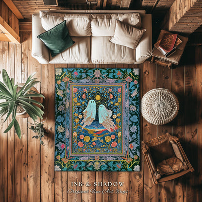 Pastel Florals Whimsical Ghost Rug | Light Academia Bedroom Accent Witchy Decor Whimsigoth Halloween Cute Gothic Cottagecore Aesthetic Room
