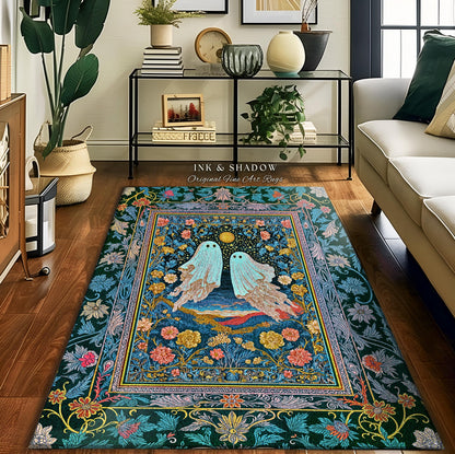 Pastel Florals Whimsical Ghost Rug | Light Academia Bedroom Accent Witchy Decor Whimsigoth Halloween Cute Gothic Cottagecore Aesthetic Room
