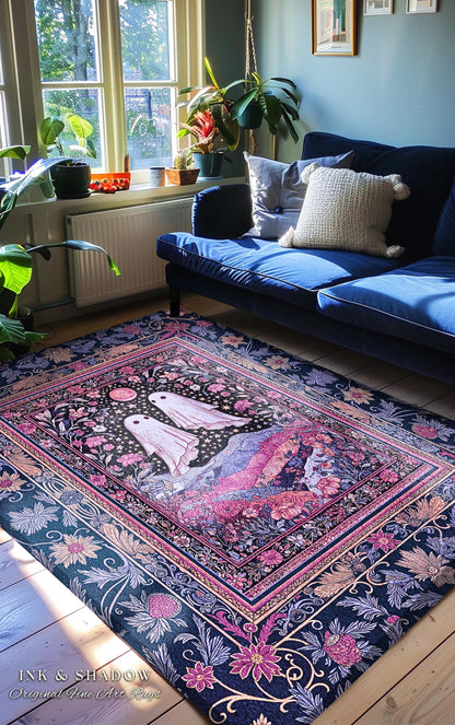 Pink & Purple Wildflower Ghost Lovers Rug | Pastel Cottagecore Romantic Bedroom Accent Fairytale Whimsigoth Style Enchanted Botanical Gothic