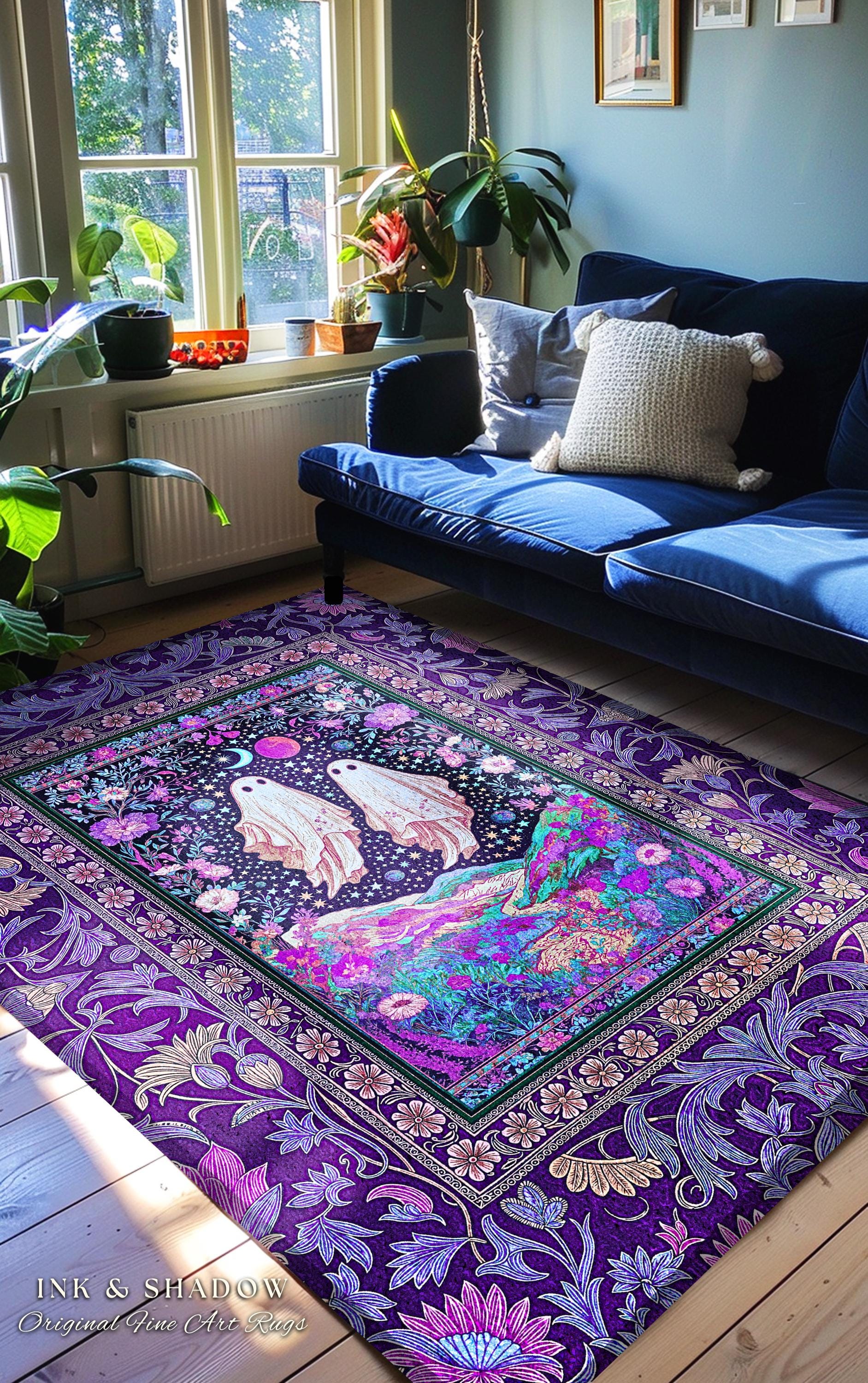 Cosmic Purple Ghost Landscape Rug | Ethereal Landscape Whimsical Accent Rug Cottagecore Halloween Bedroom Fairycore Aesthetic Floral Decor |