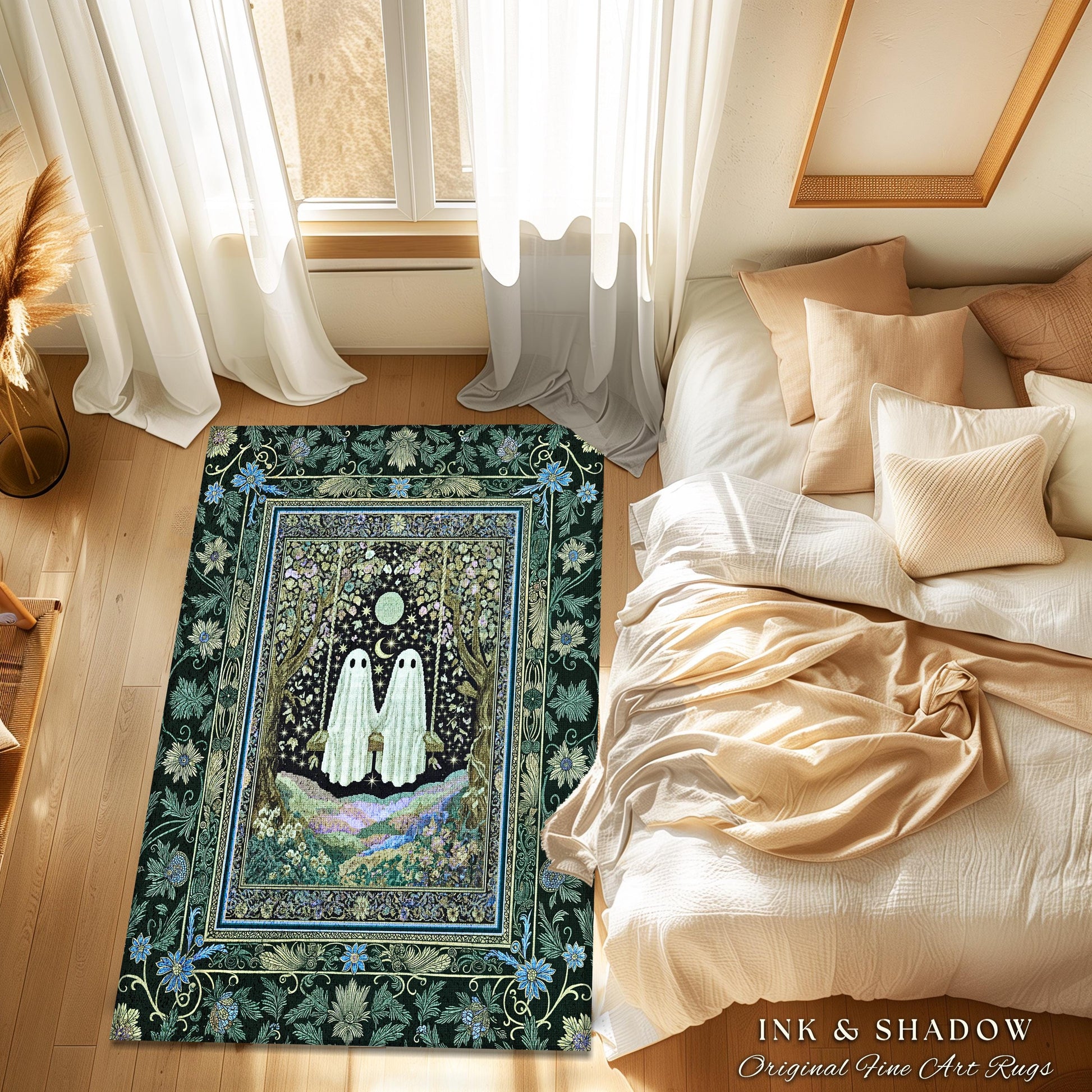 Dark Forest Swing Area Rug | Moody Bedroom Accent Gothic Garden Ghosts Autumn Whimsical Decor Gothic Flower Rug Botanical Academia Halloween