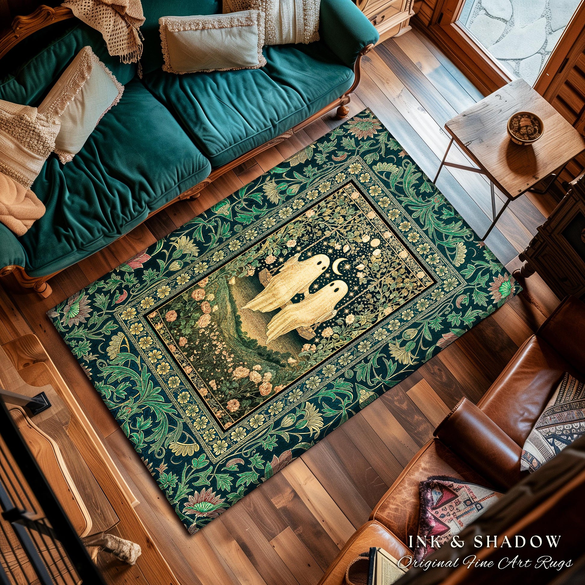Eternally Yours Ghost Couple Rug | Haunted Lovers Area Rug Mystical Bedroom Accent Cozy Gothic Whimsy Botanical Garden Spooky Cute Spirits