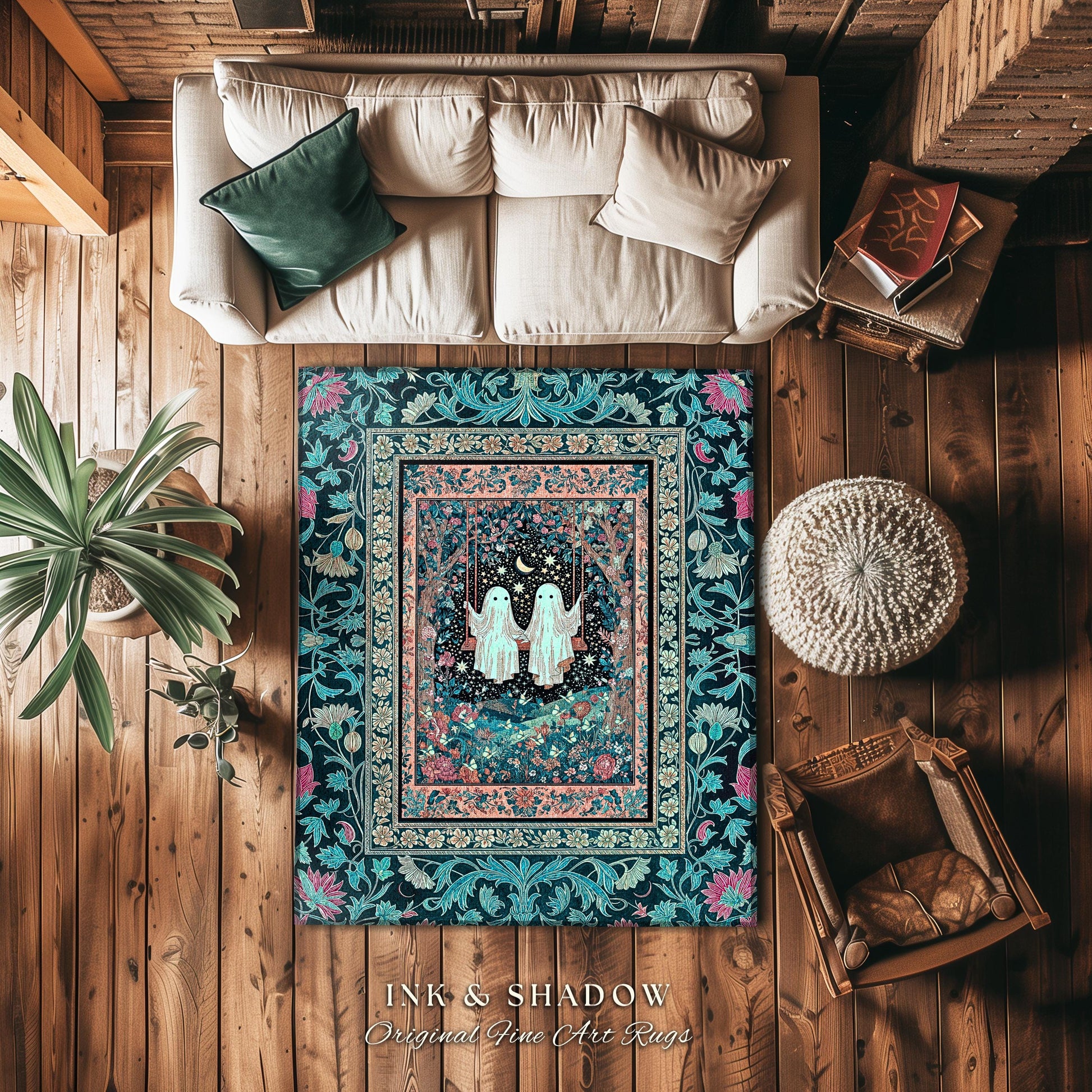 Starlit Ghost Swing Moody Area Rug | Celestial Bedroom Decor Autumn Aesthetic Dark Forest Gothic Accent Witchcore Cottagecore Fairytale Art