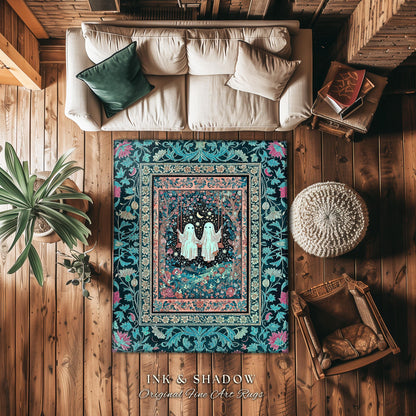 Starlit Ghost Swing Moody Area Rug | Celestial Bedroom Decor Autumn Aesthetic Dark Forest Gothic Accent Witchcore Cottagecore Fairytale Art
